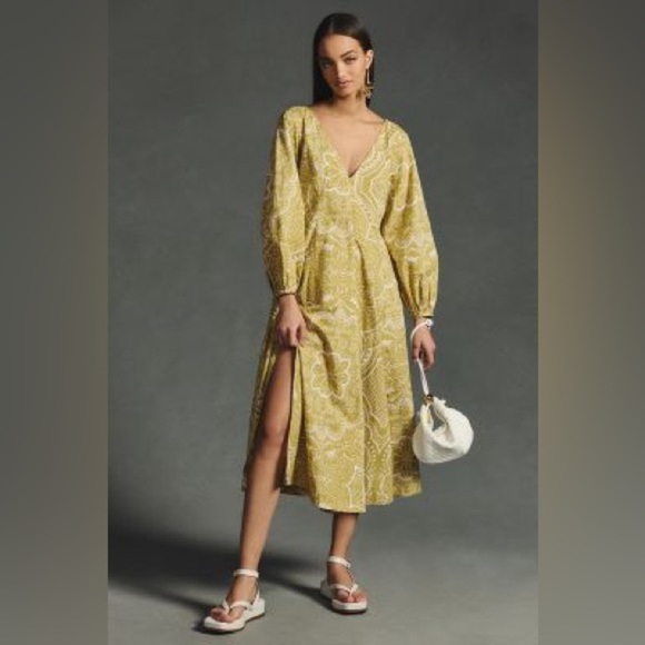 Anthropologie long sleeve vneck dress midi balloon sleeve size small paisley